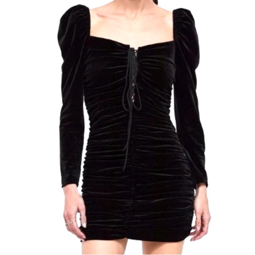 ZARA LBD velvet mini dress with ruching and lace up front.